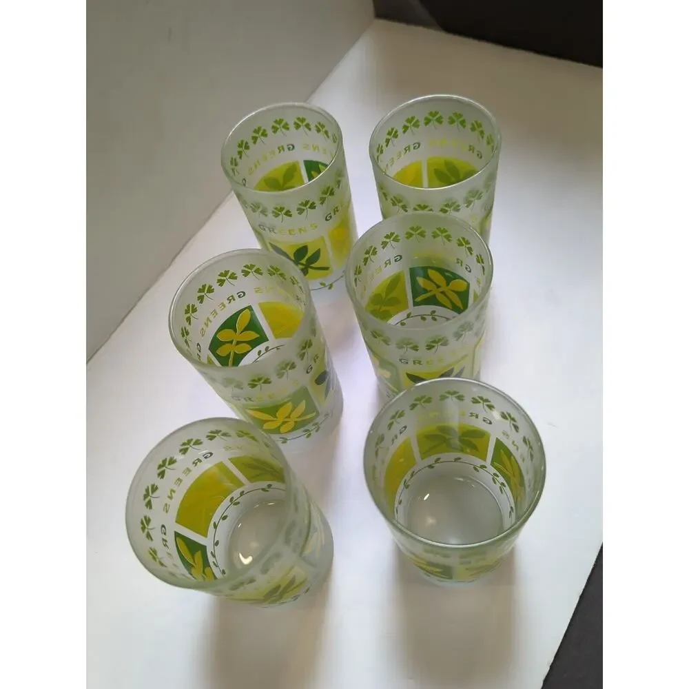 VTG Set Of‎ 6 ST.PATRICKS Barware Frosted Glass Green Clover Ocean, Thailand.